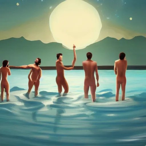 Image similar to five guys skinny dipping in the moonlight, trending on artstation