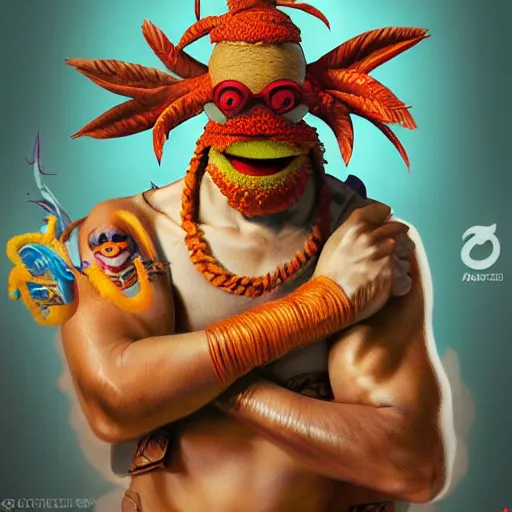 Image similar to gonzo from the muppets as dhalsim from street fighter, 4 k, ultra realistic, detailed focused art by artgerm and greg rutkowski and alphonse mucha