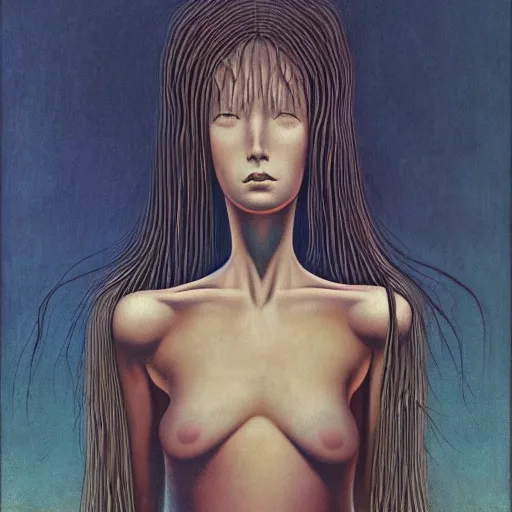 Image similar to tomie by junji ito in the style of zdzisław beksiński and h.r. giger, oil on canvas, intricately detailed artwork, full 8k high quality resolution, recently just found unknown masterpiece, renaissance painting, photorealism, 8k high detail, Sigma 85 mm f 1.4, Studio Light, Studio Ghibli