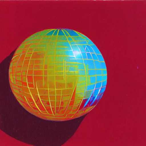 Prompt: chrome spheres on a red cube, risograph