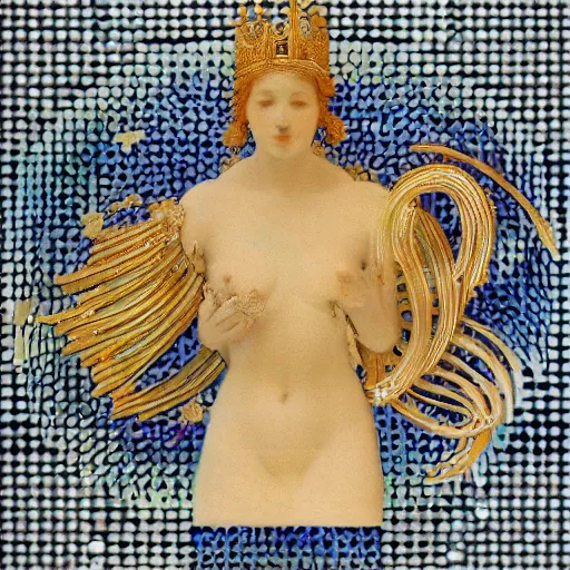 Prompt: ( ( god king of ai art ) ), neuromancy, rene lalique, highly detailded,, by william - adolphe bouguerea, ( ( mutually assured digital destruction ) ) by gustav klimpt, cpu gpu wafer, glitch art