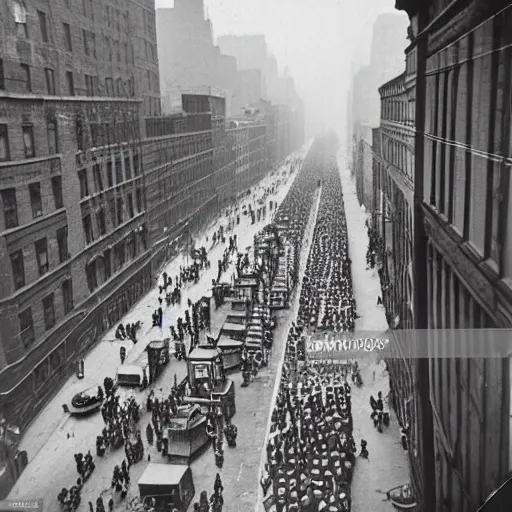 Image similar to view from 1920's New York apartment of the street below. Depression era protest. Black and white photo.