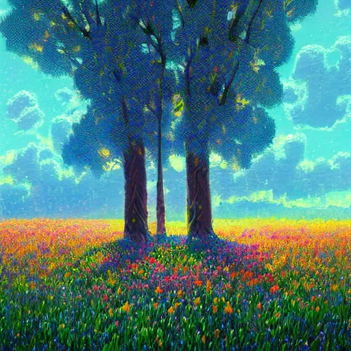 Image similar to face made of flowers, standing in a flower field, big trees, sunrise dramatic light, impressionist painting, colorful clouds, digital painting, pointillism, artstation, simon stalenhag