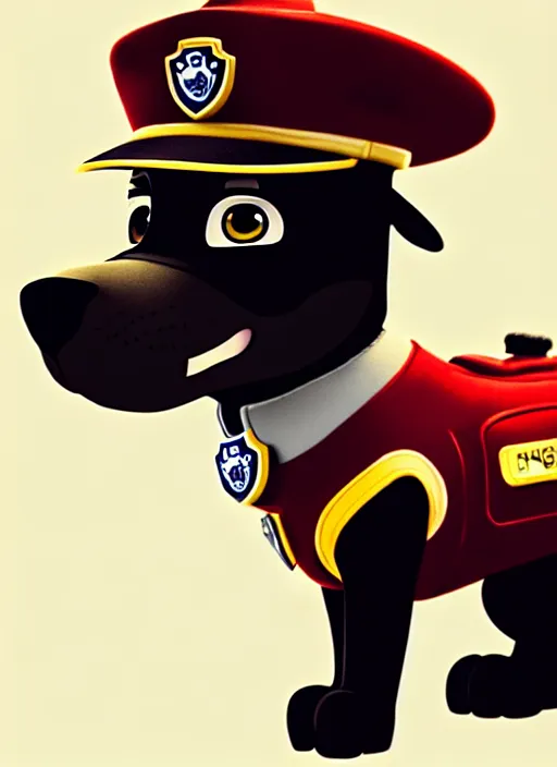 Image similar to highly detailed closeup of chase from paw patrol, puppy with police uniform and hat by atey ghailan, by greg rutkowski, by greg tocchini, by james gilleard, by joe fenton, by kaethe butcher, gradient, red, gold, black, brown and white color scheme, grunge aesthetic!!! white graffiti tag wall background