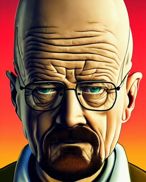 Image similar to portrait of walter white in the style of justin roiland. heisenberg from breaking bad. cinematic lighting. style of rick & morty. photographic, photography. by justin roiland