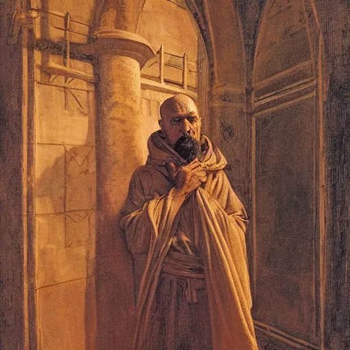 Prompt: a religious man with holes in his robes, old broken clothes, holes in a robe, holes in a religious man, annie swynnerton and nicholas roerich and jean delville, strong dramatic cinematic lighting, ornate tiled architecture, lost civilizations, smooth, sharp focus, extremely detailed