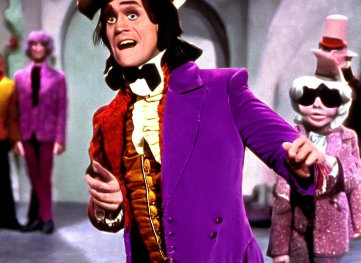 Image similar to film still of Jim Carrey as Willy Wonka in Willy Wonka and the Chocolate Factory 1971