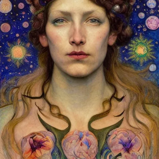 Image similar to queen of the moon with stars in her hair, by annie swynnerton and tino rodriguez and nicholas roerich and lucien freud and jean delville and donato giancola, dramatic lighting, floral tattoos, rich colors, smooth sharp focus, extremely detailed, adolf wolfli