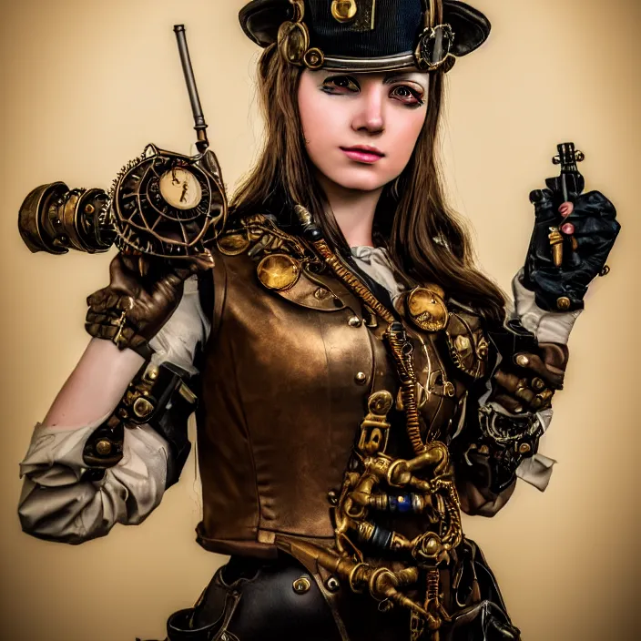 Prompt: portrait photograph of a real-life beautiful female steampunk soldier. Extremely detailed. 8k