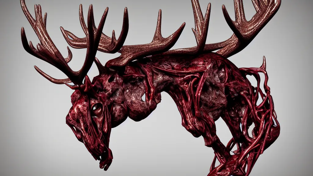 Prompt: stylized shiny polished silver statue full body bizarre extra limbs cosmic horror quadruped animal moose deer skull four legs made of creature tendrils perfect symmetrical body perfect symmetrical face hyper realistic hyper detailed by johannen voss by michelangelo octane render blender 8 k displayed in pure white studio room anatomical deep red arteries veins flesh animatronic