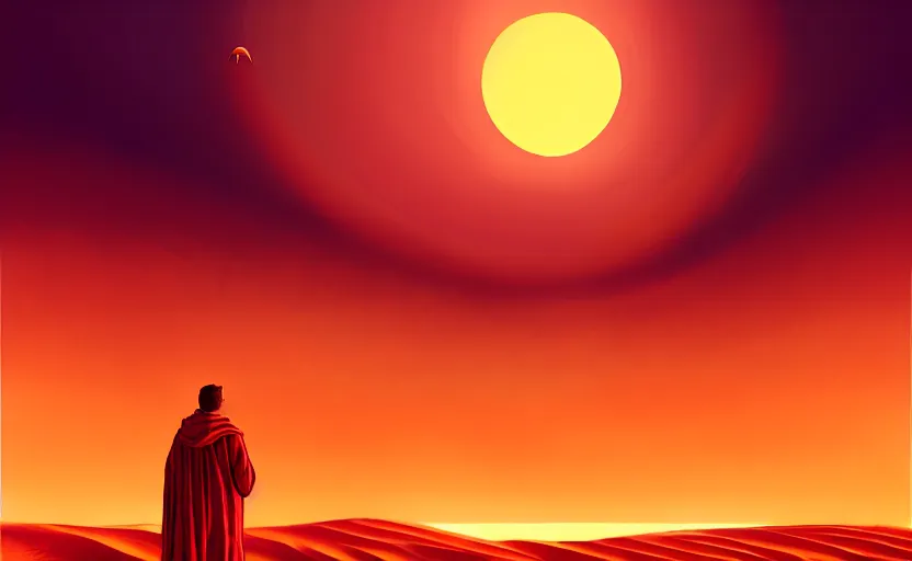 Prompt: Paul Atreides on a sand dune, desert landscape, simple robe, blowing in the wind, artstation, sun setting, orange and red sky, Paul silhouetted against the horizon, detailed, futuristic, intricate, detailed, photorealistic imagery, artstation