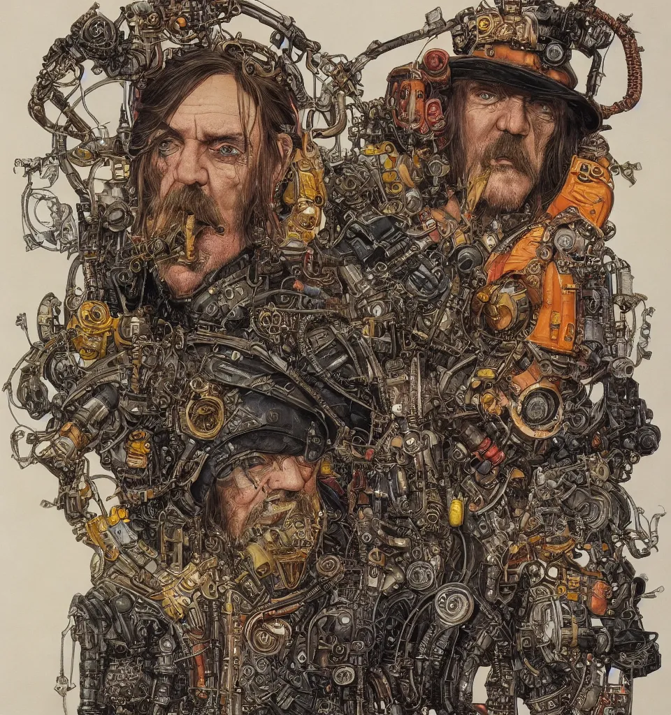 Prompt: A dramatic full-color art nouveau and ironpunk styled bust panorama portrait of lemmy kilmister as an dieselpunk engine tank king of the universe, hyperdetailed mixed media artwork combining the styles of Travis Charest, Michael Kaluta and Bill Sienkiewicz, vast power, perfectly symmetrical facial features, 8k, deeply detailed, cinematic lighting, Takata Yamamoto style, 8k, UHD, HDR