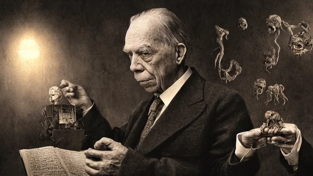 Image similar to Jorge Luis Borges with eldritch beings in his hand, 8K, concept art, filmic, HDR, hyperrealism, volumetric lighting, horror, Dark art