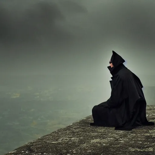 Image similar to black hooded trench coat man sitting on the edge of a castle, gothic, raining, 4k resolution