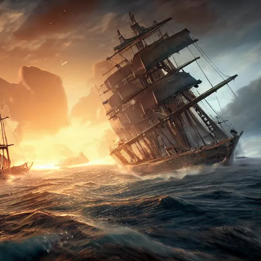 Image similar to ancient ship battle, highly detailed, photorealistic portrait, bright studio setting, studio lighting, crisp quality and light reflections, unreal engine 5 quality render