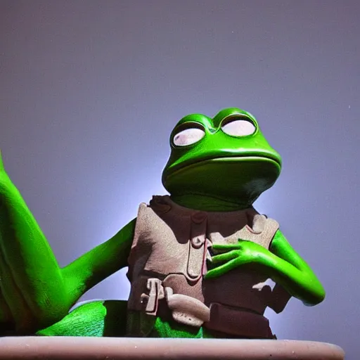 Prompt: Pepe frog in fountain 2006 movie, hyper realism, studio camera. 35mm lens