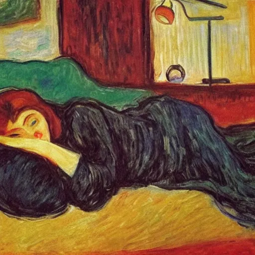 Image similar to lady with brown hair can't sleep because husband in is snoring in bed, expressive oil painting by edvard munch and claude monet