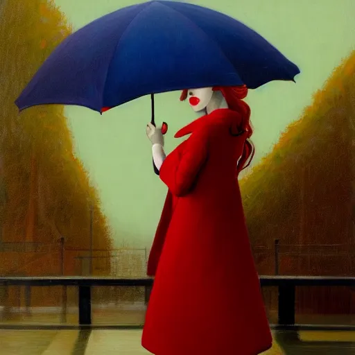 Image similar to woman with red coat and cyan umbrella, gerald brom