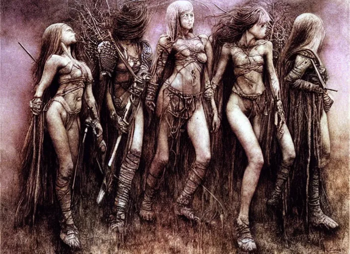 Prompt: young female warriors in painting by Beksinski, Luis Royo, Arthur Rackham