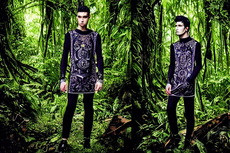 Prompt: versace avant garde male tunics intricate modern choatic textiles streetwear cyberpunk posing in the jungle woods cloudy overcast dark dramatic mysterious 3 5 mm professional