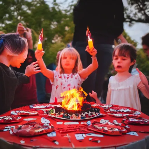 Prompt: satanic ritual at childs birthday party, photography, realism, cinematic