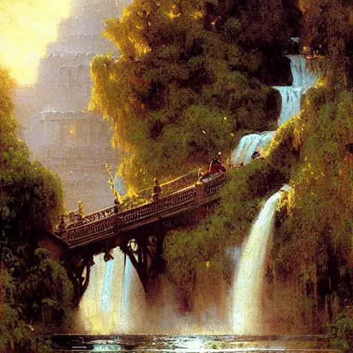 Image similar to waterfall flooding an entire city. victorian age. highly detailed painting by gaston bussiere, craig mullins, j. c. leyendecker