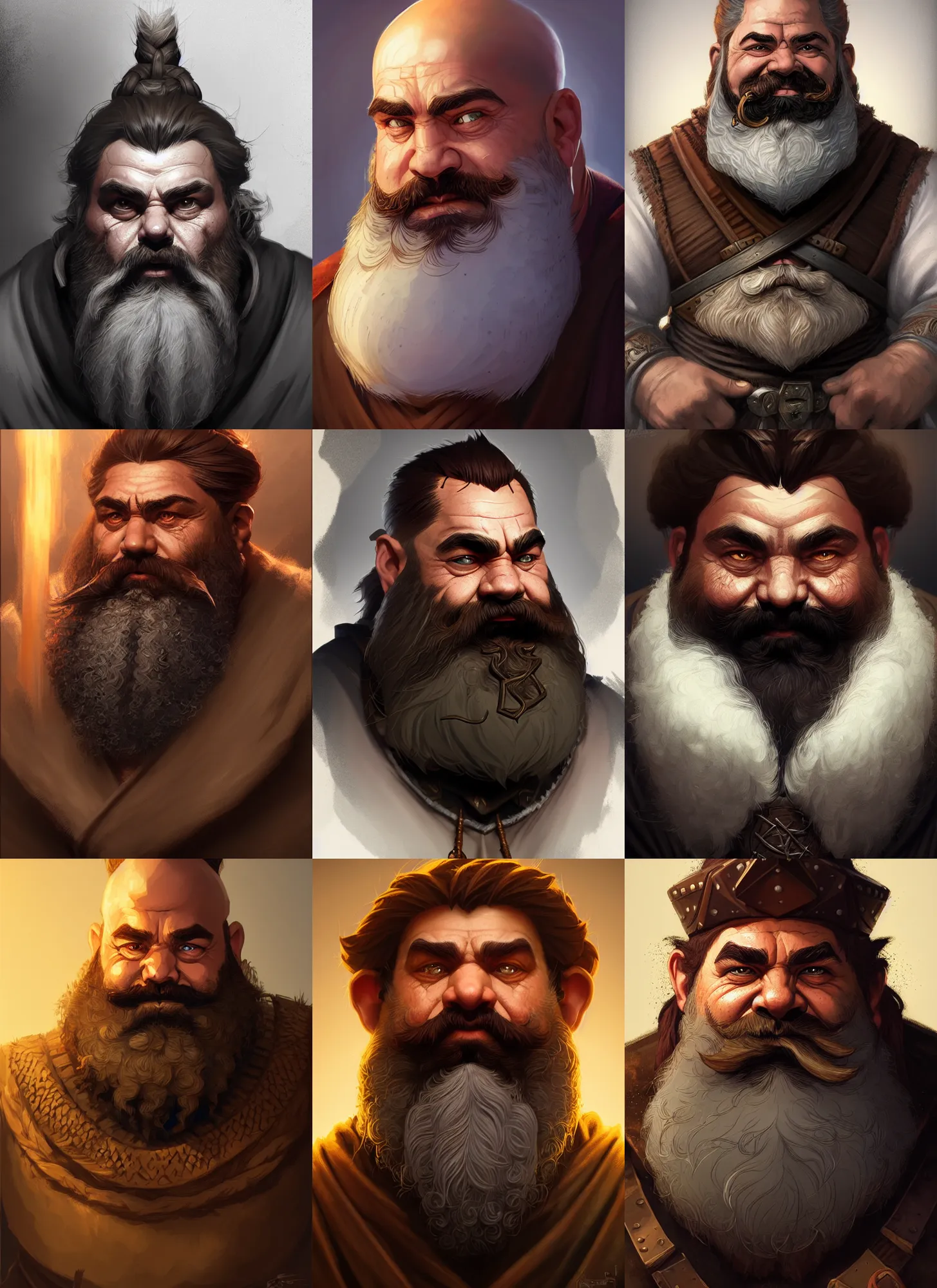 Prompt: dungeons and dragons portrait of a bearded dwarf, slight smile, intricate, highly detailed, dynamic lighting, digital art, digital painting, artstation, terence nielsen, sharp focus, illustration, art by artgerm and greg rutkowski and moebius, 8 k