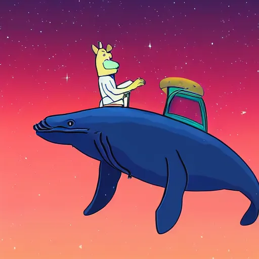 Image similar to Bojack Horseman riding a whale in space, digital art, Bojack Horseman