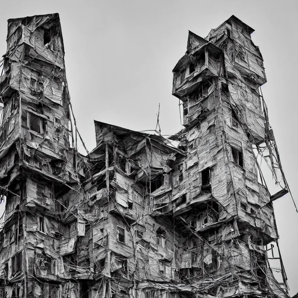 Image similar to close - up view of a large tower, made up of suspended makeshift squatter shacks, faded colours, neutral sky, dystopia, canon 5 d markiii, very detailed, ultra sharp, photographed by ansel adams