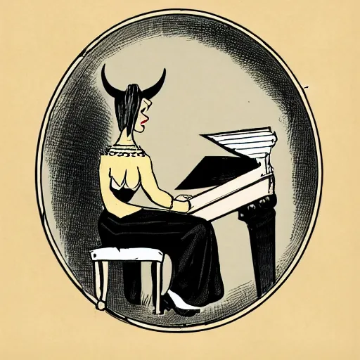 Image similar to vintage woman wearing devil horns and sitting in an piano, retro cartoon