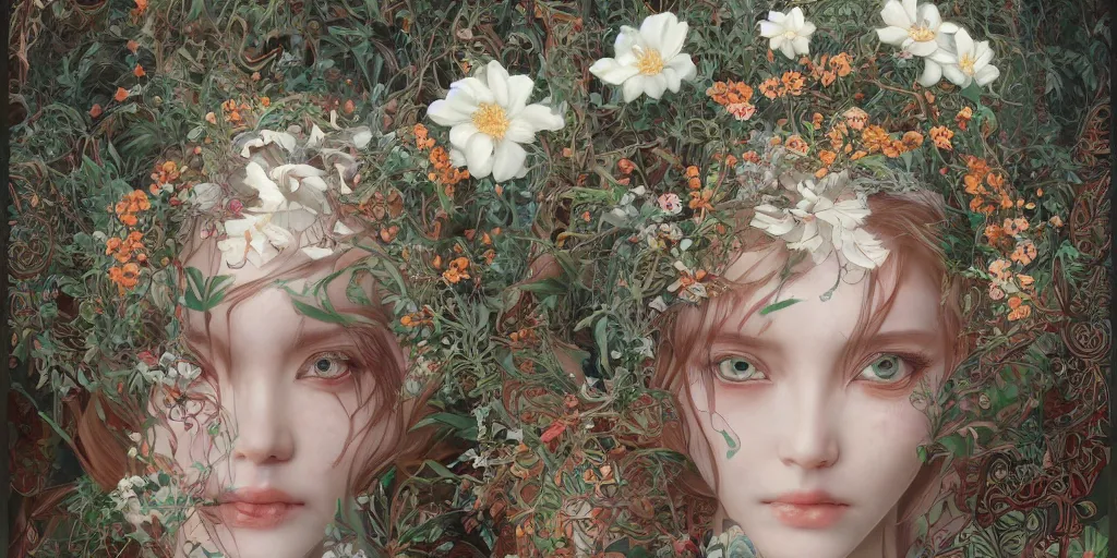 Image similar to breathtaking detailed concept art painting of the goddess of white flowers, orthodox saint, with anxious, piercing eyes, ornate background, amalgamation of leaves and flowers, by Hsiao-Ron Cheng, James jean, Miho Hirano, Hayao Miyazaki, extremely moody lighting, 8K