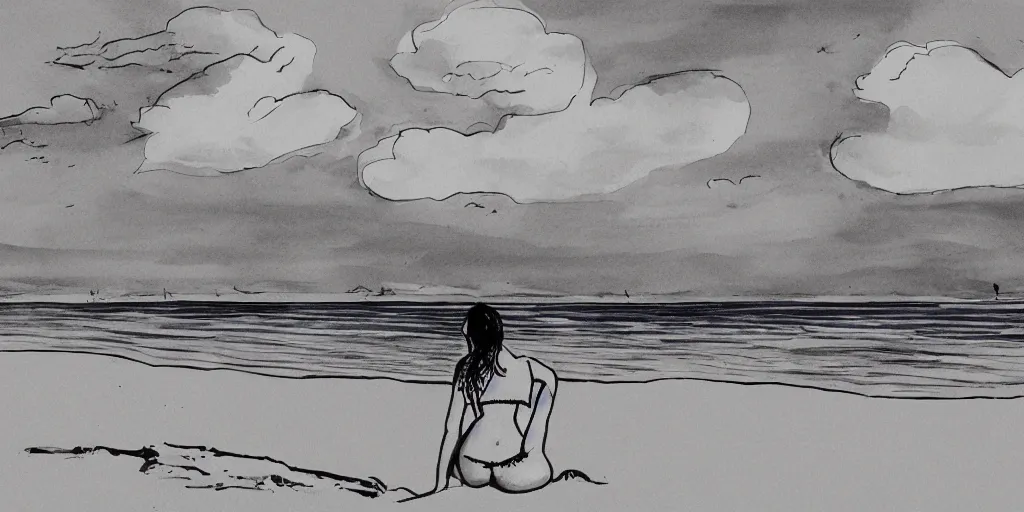 Image similar to ink portrait of a woman in a bikini on the beach, chinese brush pen illustration, big clouds visible in the background, bright sunshine, high contrast, deep black tones, contour
