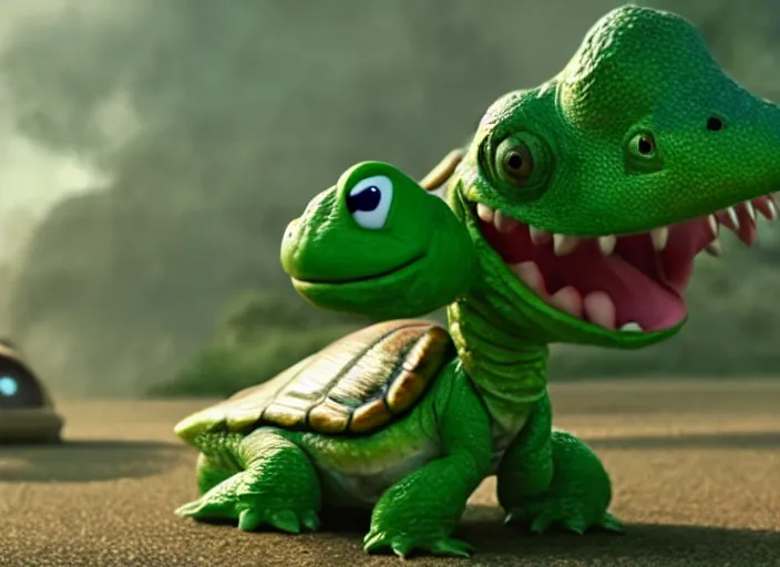 Image similar to film still of yoshi in the new sci - fi movie, cute upright dinosaur with a small turtle shell and long tongue, 8 k