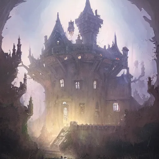 Image similar to highly detail painting of a haunted castle in the style of Greg rutkowski and Peter mohrbacher