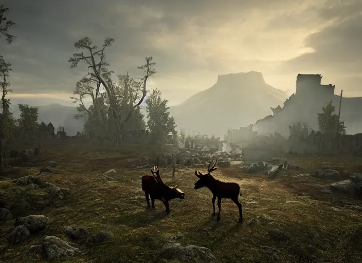 Prompt: a viking riding a moose walks through the ruins of a viking village, horror, dramatic lighting, dawn, by caspar david friedrich, unreal engine 5