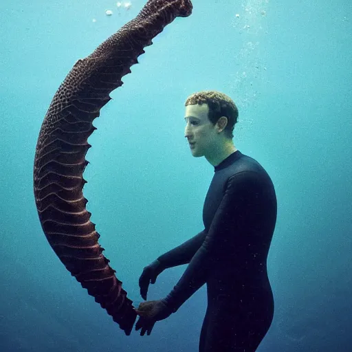 Image similar to mark zuckerberg scuba diving underwater, long reptilian tail, photo by annie leibovitz,