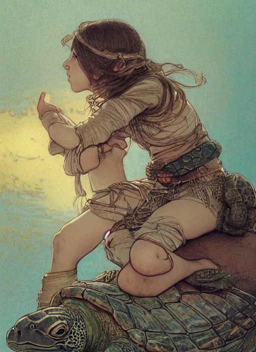 Image similar to portrait of a little warrior girl laying on top of a giant turtle in the desert. the girl has dark skin and beautiful green eyes, realistic body legs and a very beautiful detailed symmetrical face with long black hair. the turtle has a big wise face and closed eyes. diffuse light, dramatic landscape, fantasy illustration by mucha