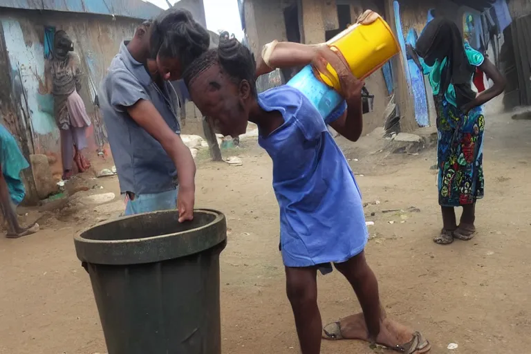 Image similar to a guy putting a dustbin over the head of a girl