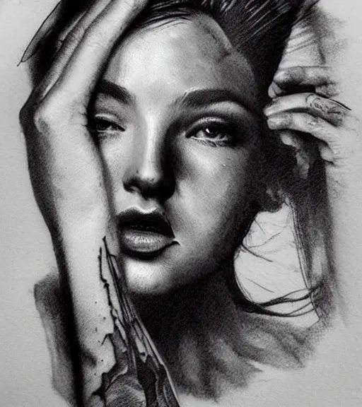 Image similar to tattoo design sketch of a beautiful woman face with a faded background of beautiful mountains on her side, hyper - realistic, double exposure effect, in the style of den yakovlev, amazing detail, black and white, faded