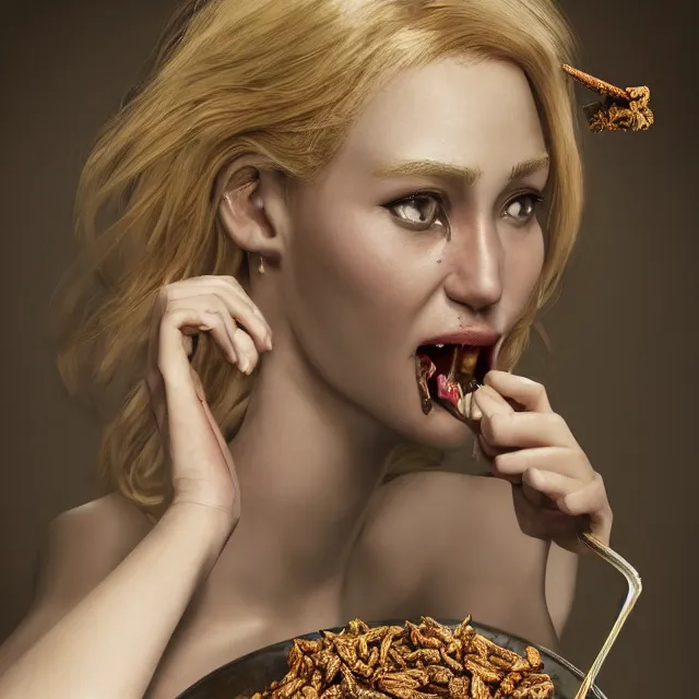 Prompt: studio portrait of blonde women eating insects at claridges, ultrafine hyperrealistic detailed face illustration by kim jung gi, irakli nadar, intricate linework, sharp focus, bright colors, matte, octopath traveler, final fantasy, unreal engine highly rendered, global illumination, radiant light, intricate environment