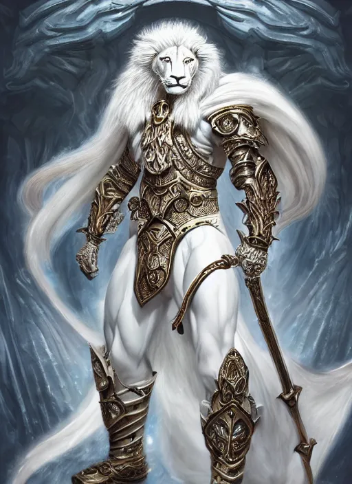 Image similar to anthropomorphized white lion paladin casting spell, heroic pose, concept art, insanely detailed and intricate, hypermaximalist, elegant, ornate, hyper realistic, super detailed, art deco, cinematic, trending on artstation, magic the gathering artwork