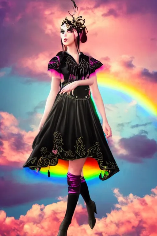 Image similar to Ethereal safari landscape with a pink rainbow sky under a goddess moonstone, black leather and embroidered Lolita dress in velvet, rich color, dramatic cinematic lighting, featured on Artstation, extremely detailed by Lisa Frank