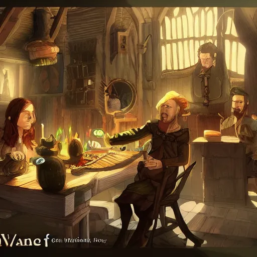 Prompt: digital art of a scene from the name of the wind of kvote's tavern, trending on artstation