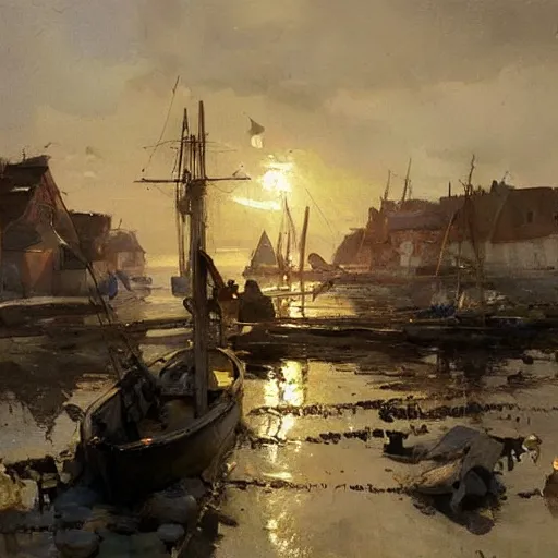 Image similar to scientific oil painting of fishing village by anders zorn, wonderful art by greg rutkowski, incredible lighting, shadows, beautiful cinematic light