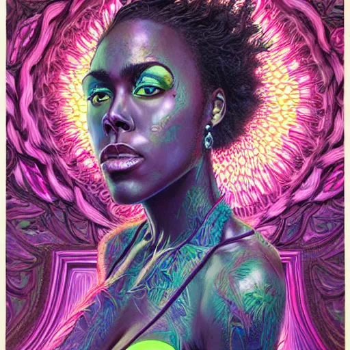 Image similar to portrait of dewanda wise, hyper detailed masterpiece, neon floral pattern, jean giraud, digital art painting, darkwave goth aesthetic, psychedelic, artgerm, donato giancola and tom bagshaw