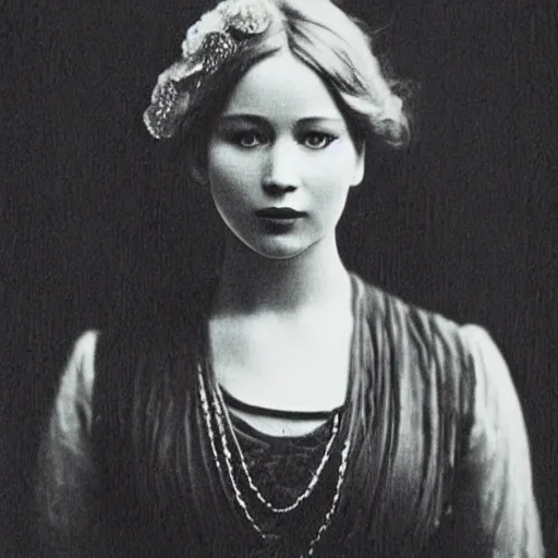 Image similar to victorian photograph of grace jennifer lawrence, lilly collins, 1 8 9 0 s photography, 1 9 0 0, realistic face, symmetrical face, studio photograph, grainy, edwardian, old photo