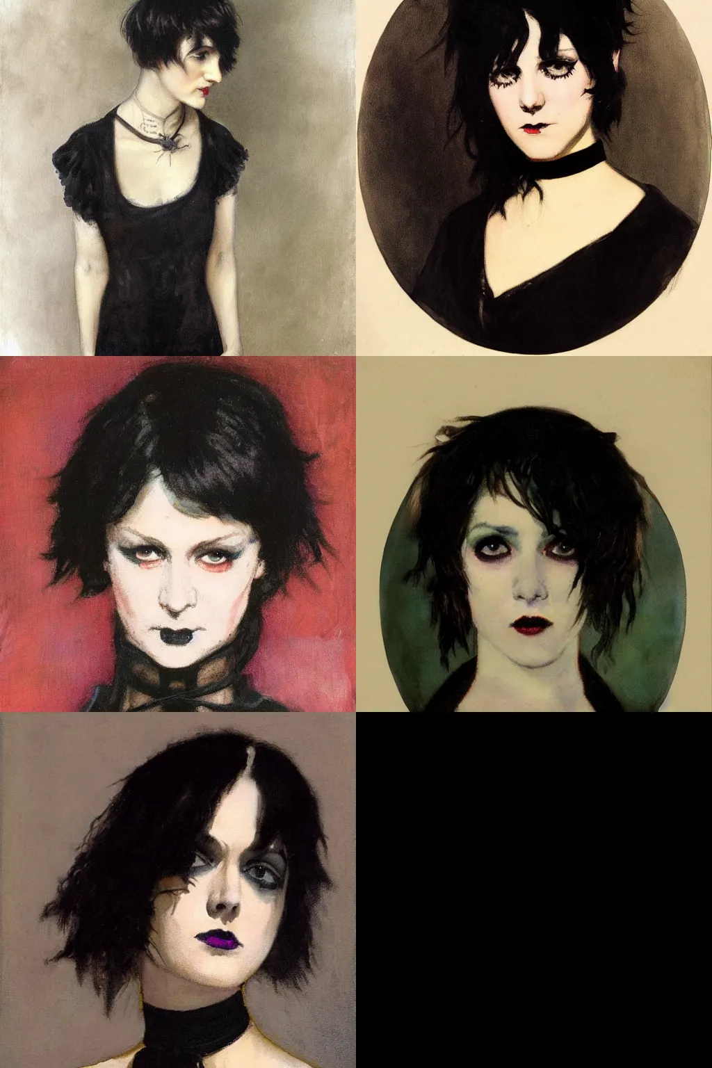 Prompt: a goth portrait painted by howard pyle. her hair is dark brown and cut into a short, messy pixie cut. she has a slightly rounded face, with a pointed chin, large entirely - black eyes, and a small nose. she is wearing a black tank top, a black leather jacket, a black knee - length skirt, and a black choker.