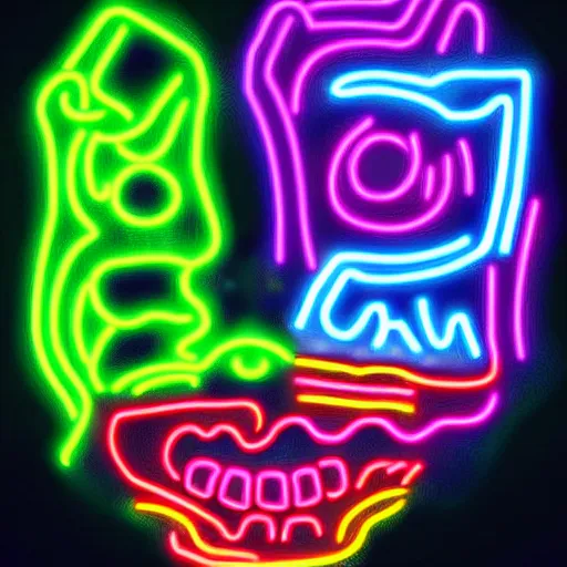 Image similar to digital art symmetrical demon face full of neon bright colours, in the dark, surrounded by smoke