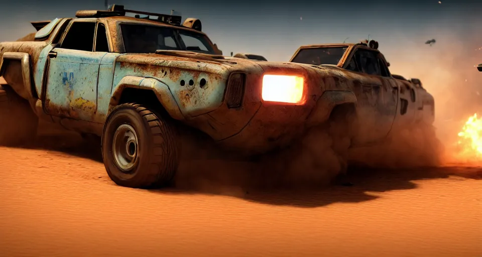 Image similar to macro closeup photo of combat teslatruck being chased in a post apocalyptic fallout 4 desert, 3 pm, smoke, dust, embers, mad max, action, speed, rocket league, volumetric lighting, hdr, need for speed, gta 5, ridley scott, syd mead, craig mullins, cinematic, fast and furious, blade runner, octane, 8 k