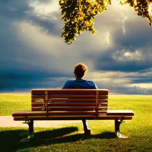 Prompt: 1 9 9 0 s candid 3 5 mm photo of a man sitting on a bench in a park writing in a notebook, cinematic lighting, cinematic look, golden hour, the clouds are epic and colorful with cinematic rays of light, photographed by petra collins, hyper realistic